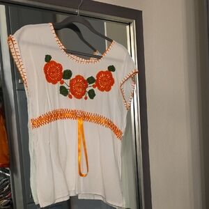 Floral Embroidered White and Orange Blouse